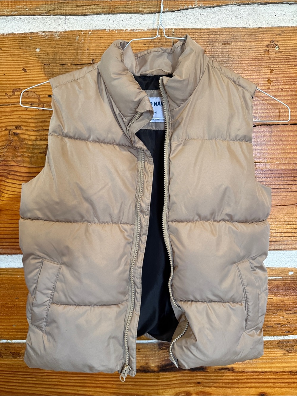 Old Navy Tan Jacket with Blue Logo